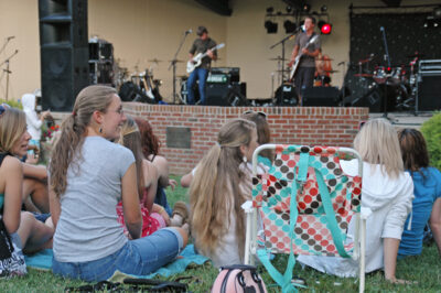 A group of young adults sitting on the grass at Shamrock Park, listening to a rock concert